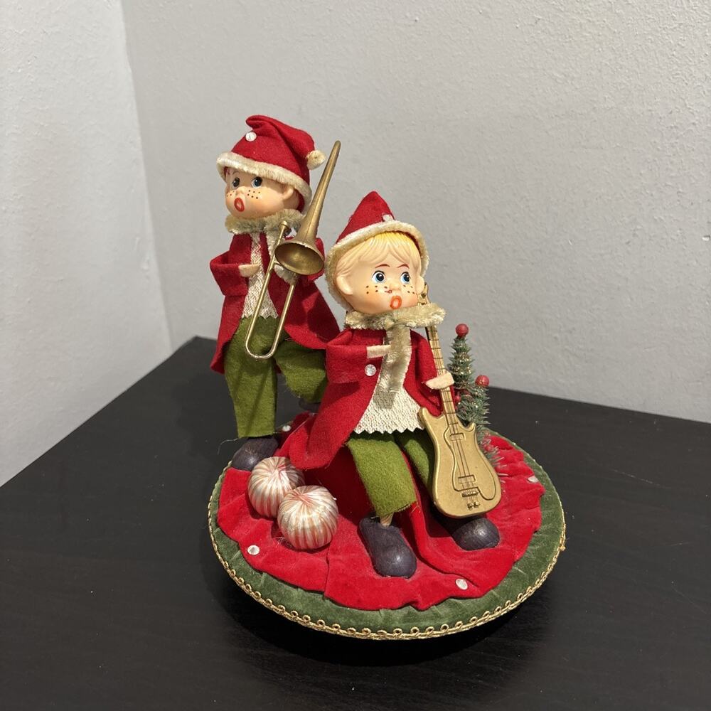 Vtg Christmas Caroler Elf Musical Spinning Trombone Guitar Pixie Decor Figure